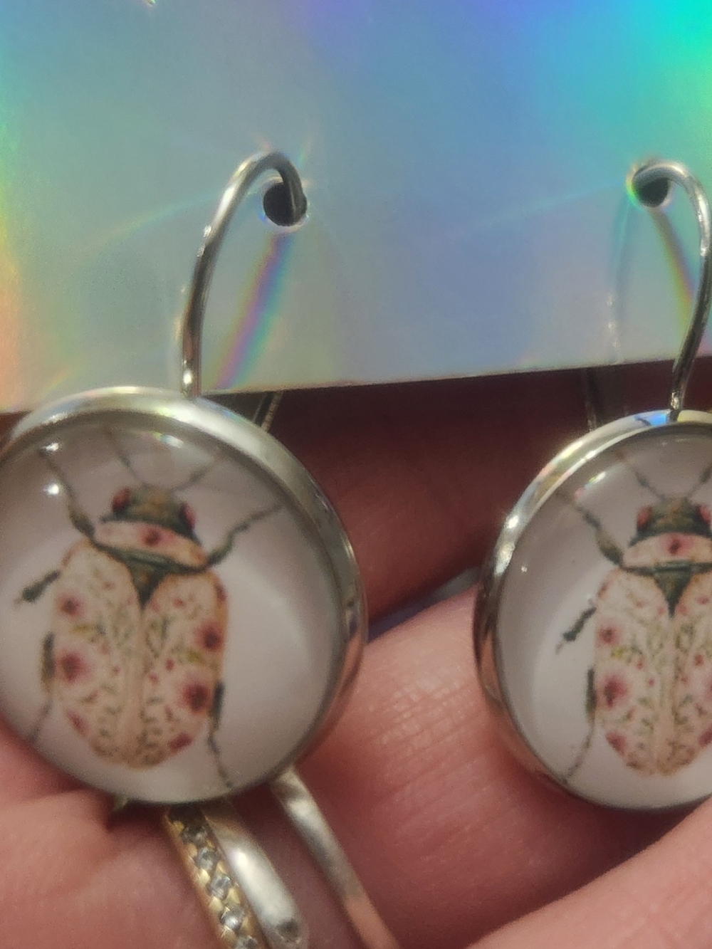 Floral Beetle Earrings - Silver Tone
